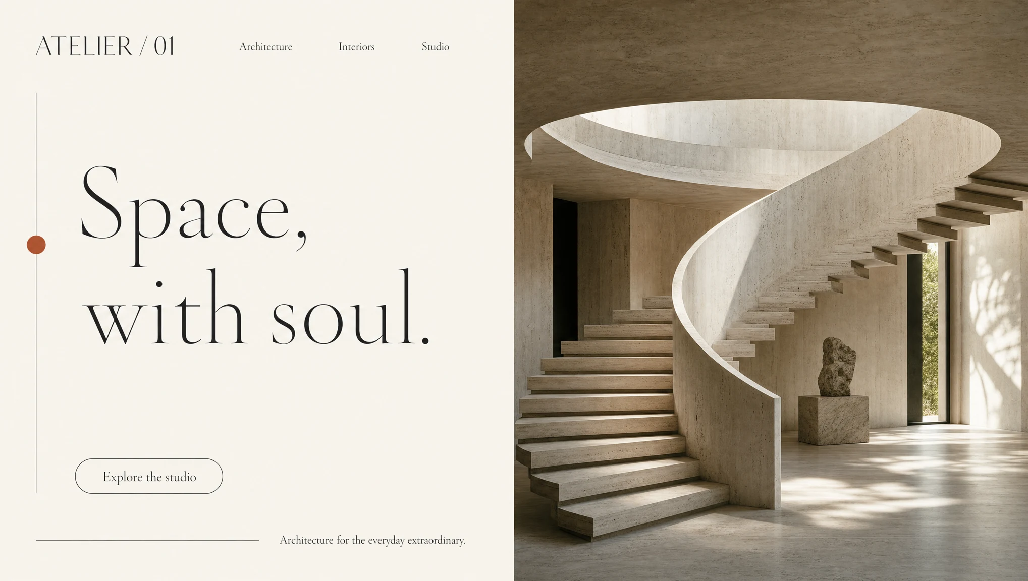 Ivory editorial homepage with large serif lettering and a sunlit sculptural staircase.