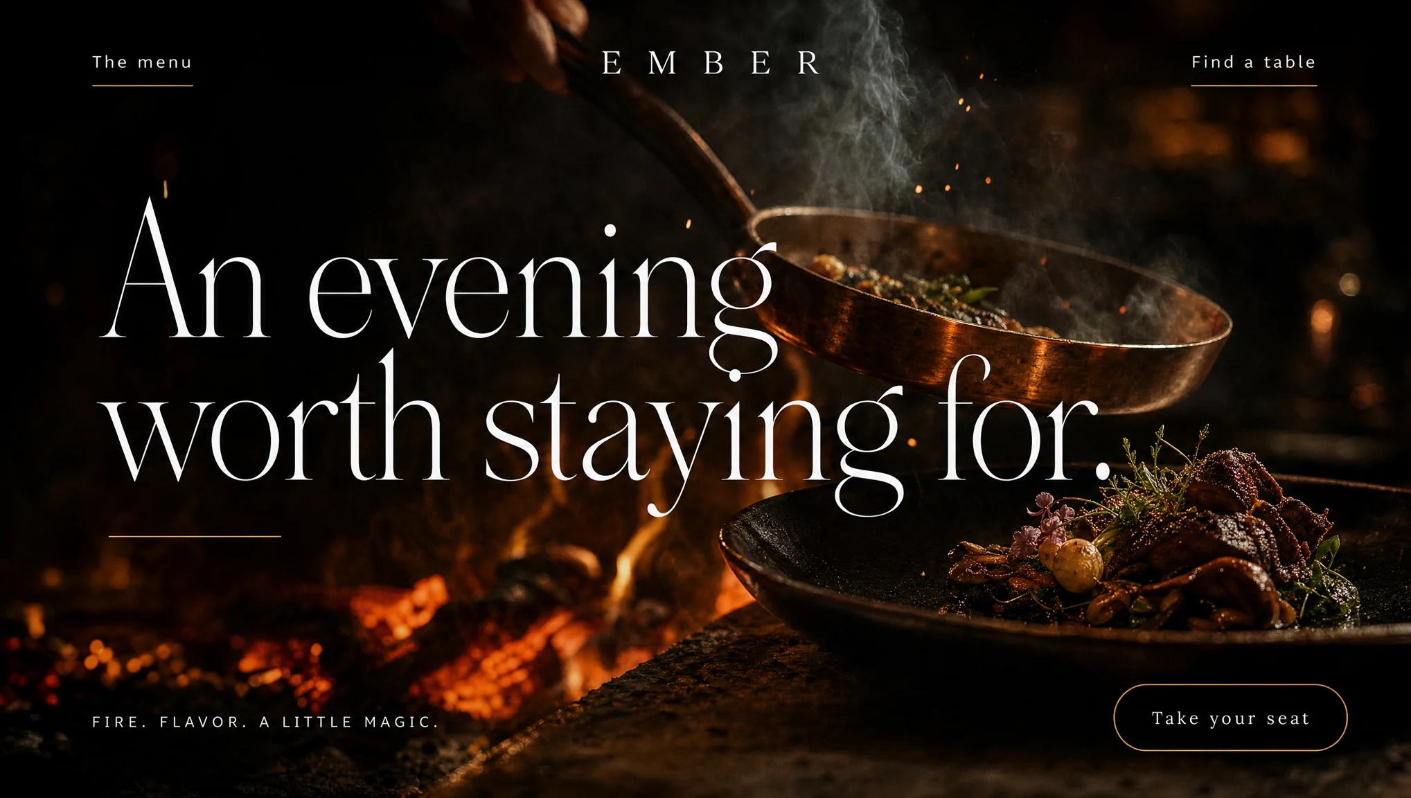 Cinematic restaurant homepage with fire, smoke, and elegant white typography.