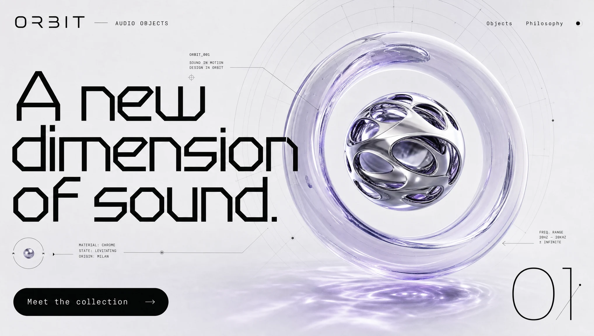 Experimental audio homepage with a dimensional glass and chrome sculpture.