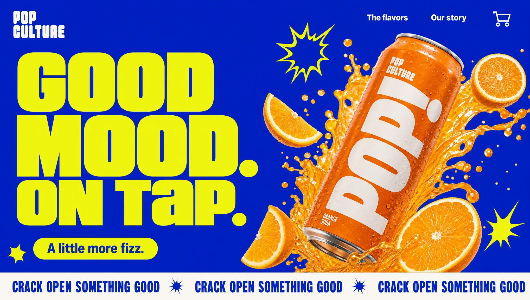 Electric blue and yellow soda homepage with a floating orange can and explosive citrus.